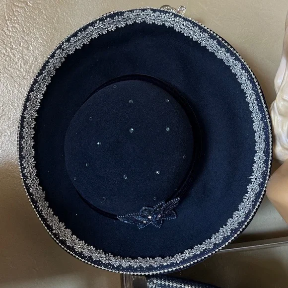 ENCHANTING 1970s' NAVY WIDE BRIM FELT HAT + PEARLS/BEADS/GLITTER & LARGE JEWEL